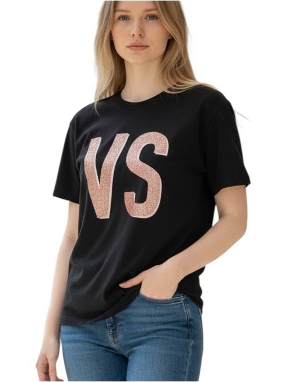 VICTORIA’S SECRET: Black Short Sleeve Glitter Embellished T-Shirt -Size XL